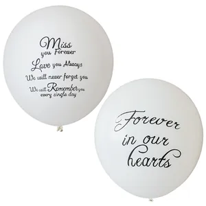 White memorial latex balloons set with Miss you Forever black script text for funerals