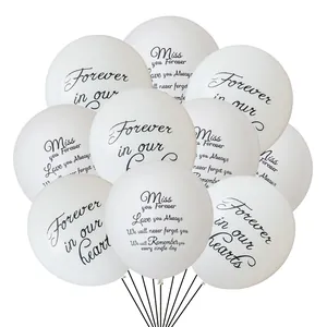 Set of white memorial latex balloons with commemorative text for funerals and anniversaries