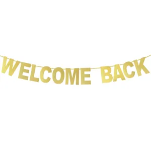 Glittery gold Welcome Back banner bunting for party decorations with sparkling letters