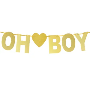 Goldene Glitzer OH BOY Girlande mit Herz für Babyparty und Gender Reveal Deko