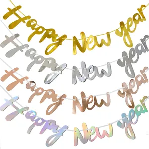 Happy New Year Banner Decoration Glitter Metallic Paper Garland For Eve Party Home Office Wall Hanging Holiday Decor