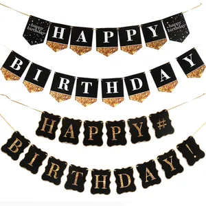 Large square black and gold Happy Birthday banners for birthday party decorations