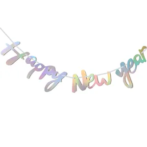 Iridescent Happy New Year banner garland for 2024 party holiday wall decorations