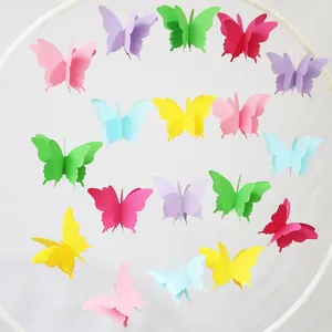 Detailed macro view of multi-color 3D paper butterflies hanging from a white circular frame