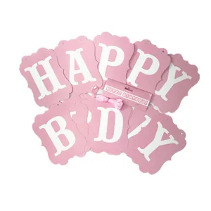 Ροζ και λευκή χάρτινη γιρλάντα Happy BDAY με σχοινί ανάρτησης για πάρτι γενεθλίων