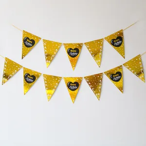 Gold glänzende Happy Birthday Wimpelkette mit Herzmuster für Partydekoration