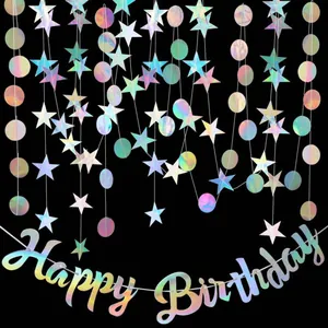 Set decorazioni festa disco iridato con stelle cerchi e striscione Happy Birthday
