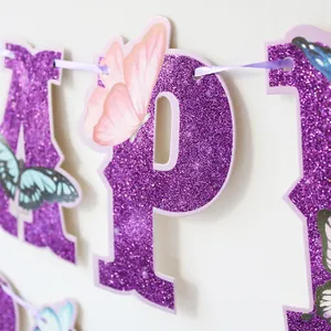 Purple glitter Happy Birthday banner with colorful butterfly accents for party decor