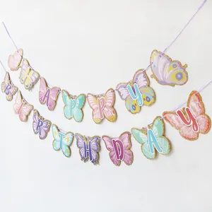 Glitter butterfly Happy Birthday banner with colorful paper cutouts for girls party