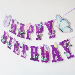 Detail of purple glitter Happy Birthday banner with colorful decorative paper butterflies