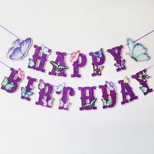 Glitter purple Happy Birthday banner with colorful 3D butterflies for party decor