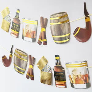 Herren-Partybanner mit Whiskeyflaschen-, Zigarren- und Fassmotiven auf weißem Grund