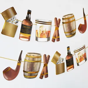 Gentleman Party-Banner mit Whiskeyflasche, Feuerzeug und Zigarren-Icons für Bar-Deko