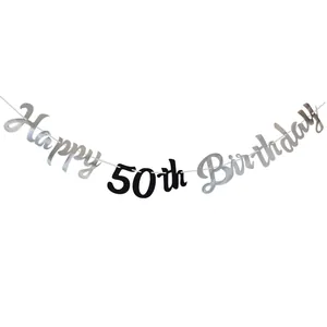 Silver and black Happy 50th Birthday banner with metallic finish and white string