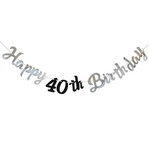 Silver Happy 40th Birthday banner with metallic letters for elegant party decoration