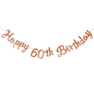 Rose gold glitter Happy 60th Birthday hanging banner for party backdrop decoration