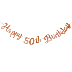 Rose gold metallic Happy 50th Birthday banner garland for elegant party wall decoration