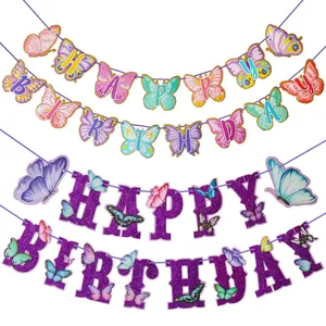 Butterfly Theme Happy Birthday Banner Glitter Purple Pink Paper Bunting For Girls Birthday Party Decoration Hanging Banner
