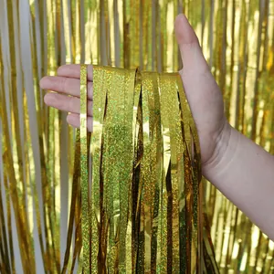Rideau de pluie holographique doré laser franges pour décoration de mariage fête