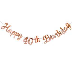 Close-up of rose gold Happy 40th Birthday banner with metallic mirror finish details