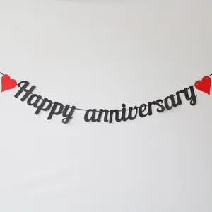 Glittery Happy Anniversary banner with red hearts for wedding party wall decoration