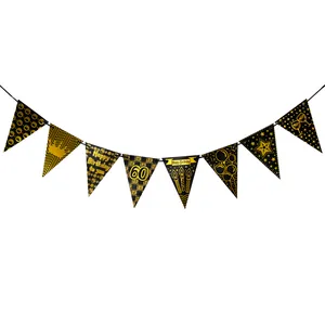 Bannière Triangulaire d'Anniversaire Noir et Or Chiffres Bronzage Âge Décoration de Fête d'Anniversaire Banderole Drapeau