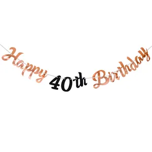 Close-up of rose gold and black Happy 40th Birthday banner with metallic finish