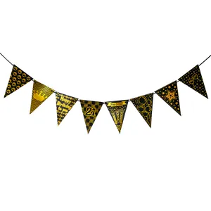 Banderole 21e anniversaire noir et or avec motifs métalliques de couronnes et ballons