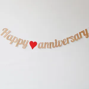 Champagne gold Happy Anniversary banner with red hearts for wedding party decoration