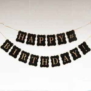 Large black and gold square Happy Birthday banner with glitter lettering for party decor