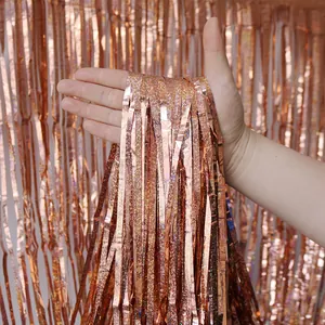 Rideau à franges à sequins laser or rose pour décors de fête avec éclat holographique