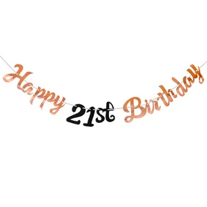 Rose gold and black Happy 21st Birthday hanging banner with metallic finish for parties