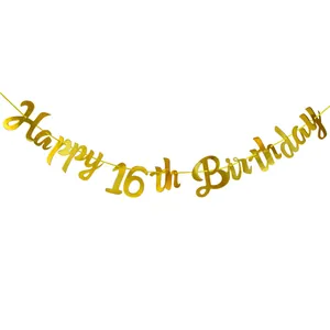 Close-up of golden glitter Happy 16th Birthday hanging banner for party decorations