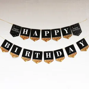 Large black and gold glitter Happy Birthday banner for party decorations