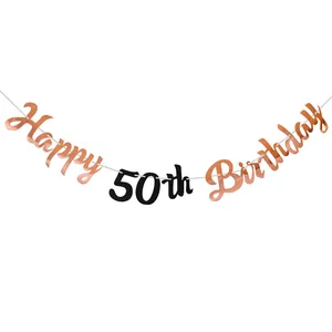 Πανό Happy 50th Birthday σε ροζ χρυσό και μαύρο για διακόσμηση πάρτι σε λευκό φόντο