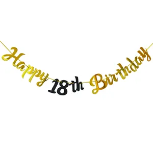 Detail of glitter Happy 18th Birthday banner with gold and black cardstock letters