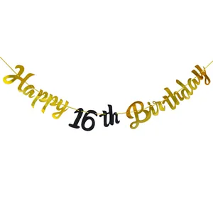 Close-up of Happy 16th Birthday banner with gold glitter letters and black cardstock