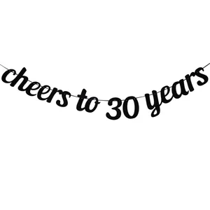 Glittery black Cheers to 30 Years banner for birthday party and anniversary celebrations