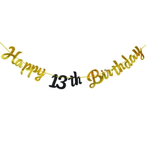 Detail of Happy 13th Birthday banner with gold and black glitter letters for party decor
