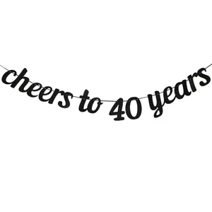 Black glittery cheers to 40 years banner for birthday party decoration on white background