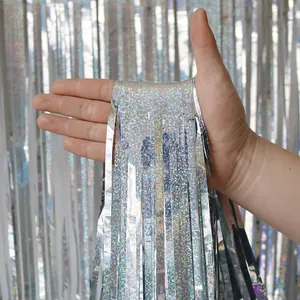 Rideau à franges holographiques argent 1x2m pour mariage et décor de scène de fête