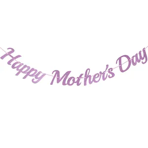 Banner Happy Mother's Day morado con purpurina y cordón rosa para decoración floral