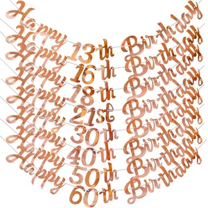 Rose Gold Happy Birthday Banner For Milestone Anniversary Party Decoration Mirror Paper Garland Hanging Celebration Ornament