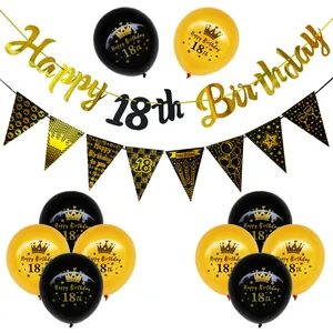 Black and gold 18th birthday party decoration set with balloons and happy birthday banners