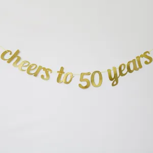 Detailed view of Cheers to 50 Years glitter banner for birthday party anniversary decor