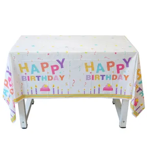 Mantel de cumpleaños blanco impermeable con velas de colores y texto Happy Birthday