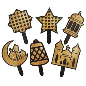 Set da 6 topper per torta Eid Mubarak glitterati oro e neri con stelle e mezze lune