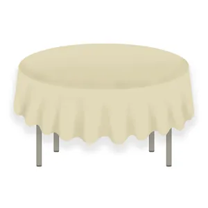Minimalist beige round PEVA tablecloth featuring elegant natural drapes on a metal leg table