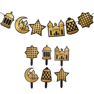 Set di Striscioni e Decorazioni per Torte Eid Mubarak in Carta Glitterata Oro Nero Castello Luna Lettera Ghirlanda Ramadan
