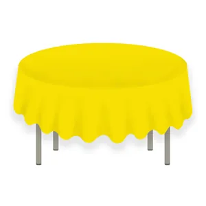 Detail of a bright yellow round PEVA tablecloth hanging naturally on a round table